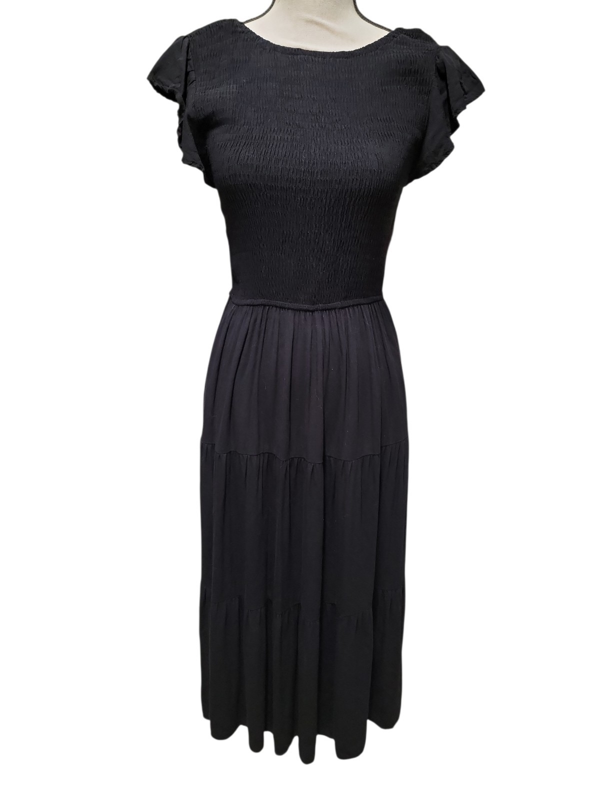 Elegant Black Maxi Dress With Smocked Bodice And Flutter Cap Sleeves